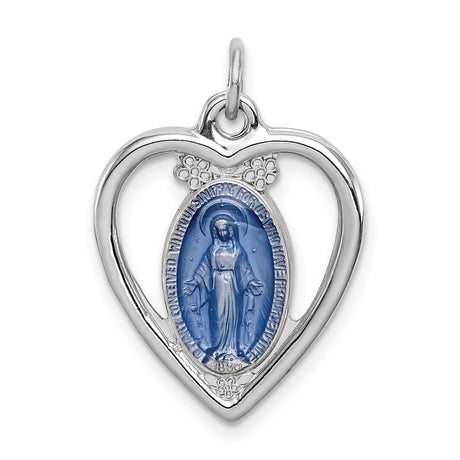 Sterling Silver Heart Pendant with Blue Enamel Virgin Mary and Marian Symbols