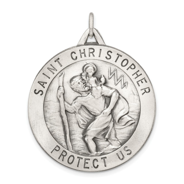 Solid Saint Christopher Protect Us Words Charm Pendant in Real 925 Sterling Silver