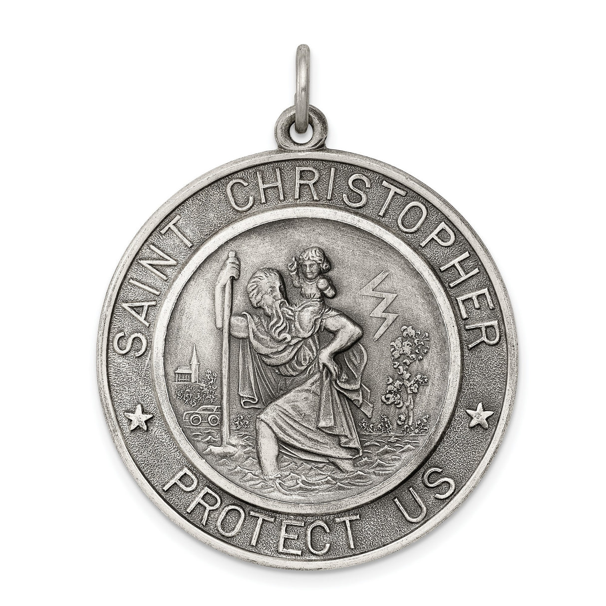 Antiqued Saint Christopher Protect Us Words Charm Pendant in Real 925 Sterling Silver