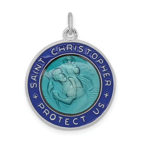 Aqua Blue Saint Christopher Protect Us Words Charm Pendant in Real 925 Sterling Silver