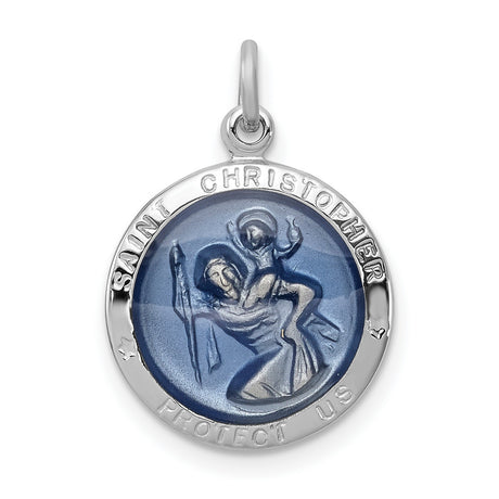 Blue Saint Christopher Protect Us Words Charm Pendant in Real 925 Sterling Silver