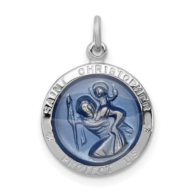 Blue Saint Christopher Protect Us Words Charm Pendant in Real 925 Sterling Silver