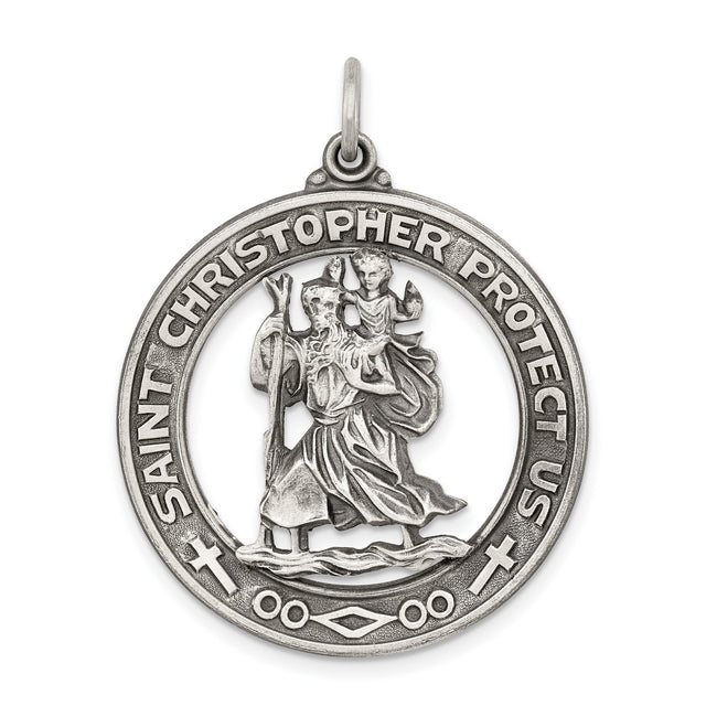 Saint Christopher Protect Us Words Charm Pendant in Real 925 Sterling Silver