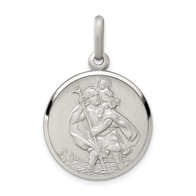 Satin Saint Christopher Round Charm Pendant in Real 925 Sterling Silver