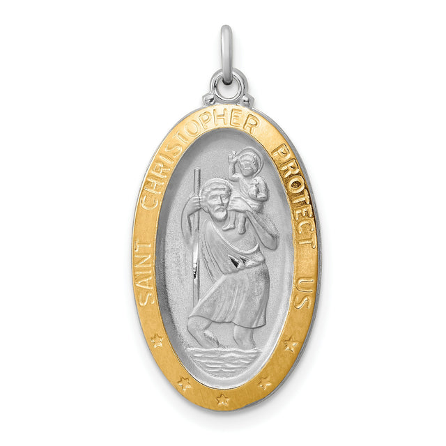 Oval Vermeil Saint Christopher Protect Us Words Charm Pendant in Real 925 Sterling Silver