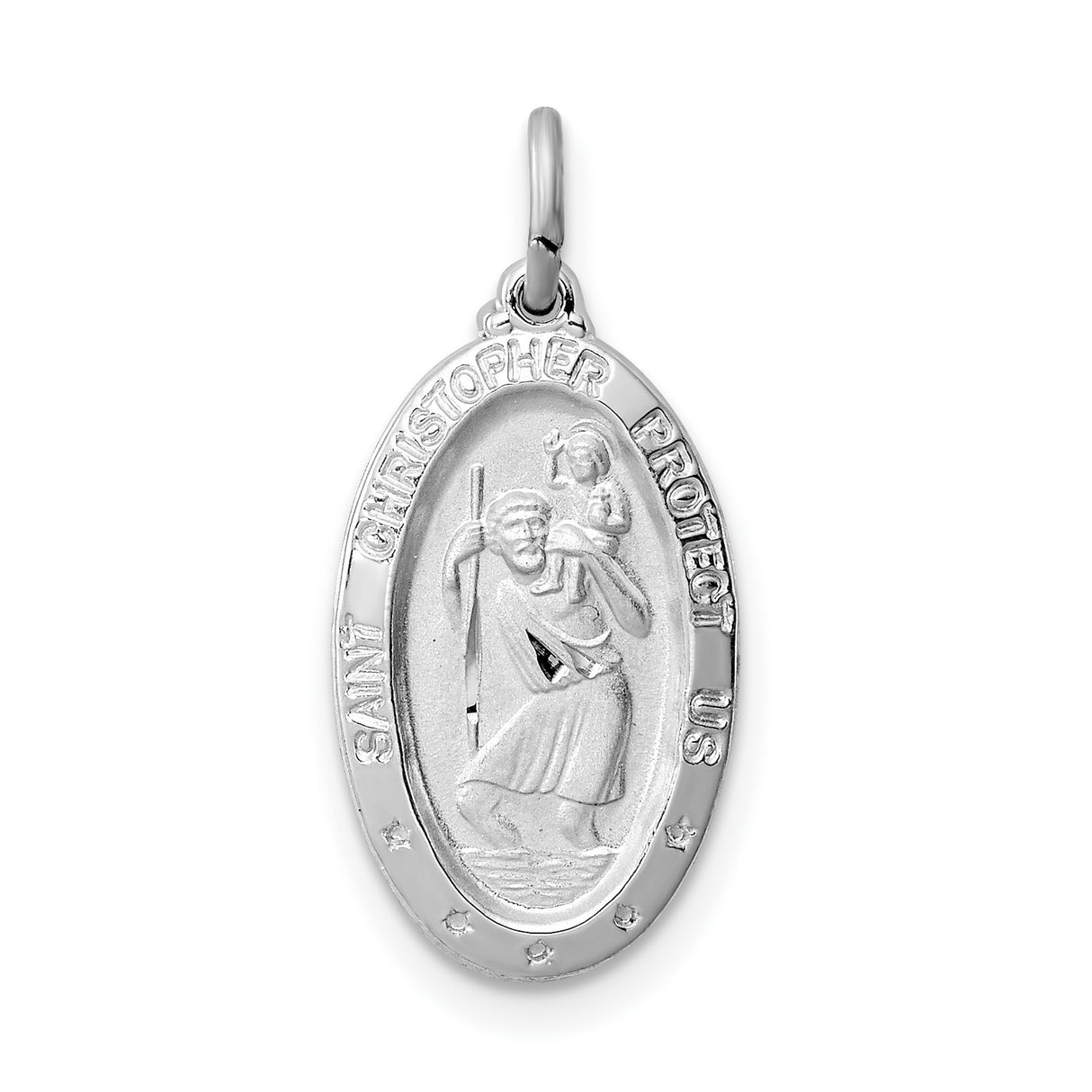 Saint Christopher Protect Us Words Oval Satin Charm Pendant in Real 925 Sterling Silver