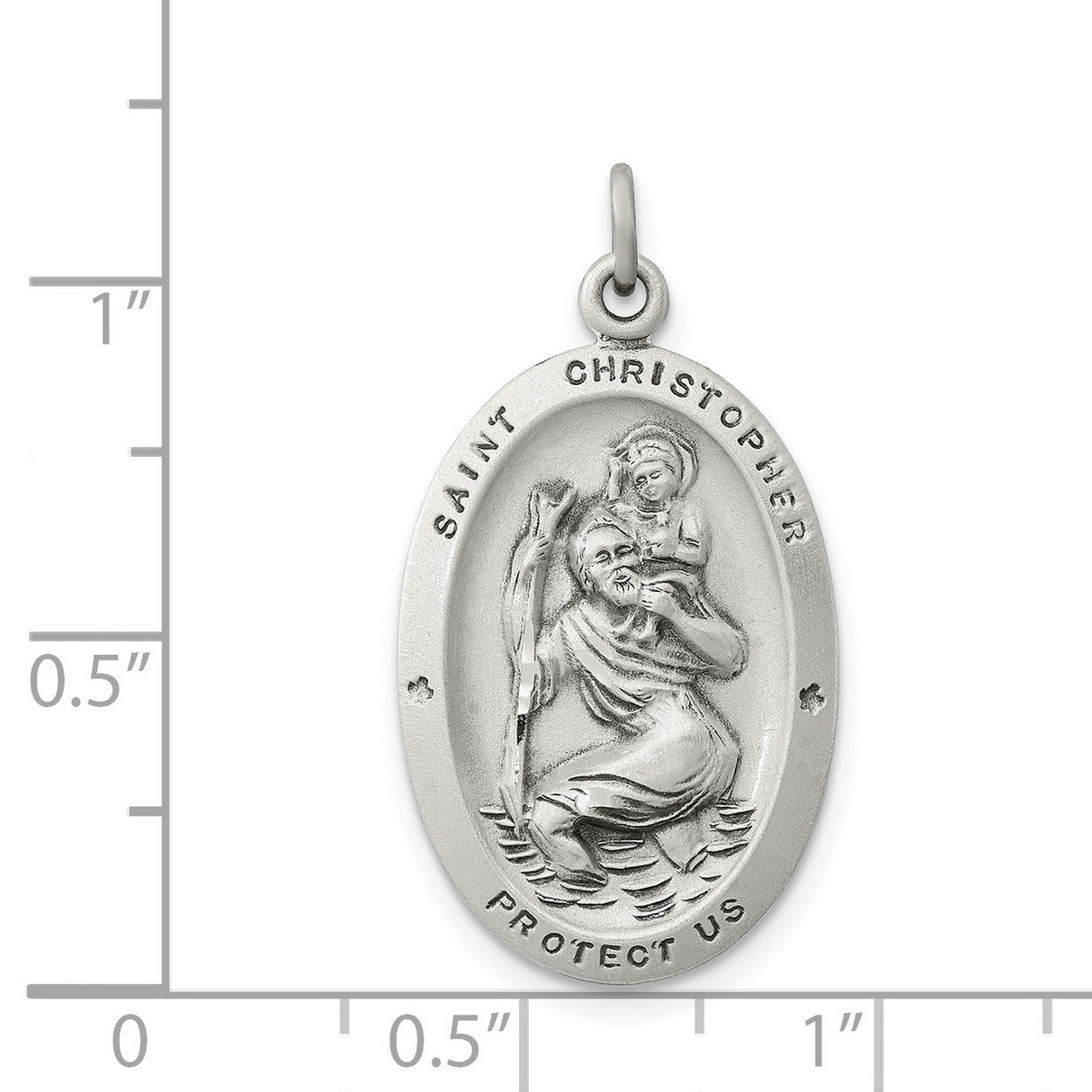 Satin Saint Christopher Protect Us Words Oval With Two Stars Charm Pendant in Real 925 Sterling Silver