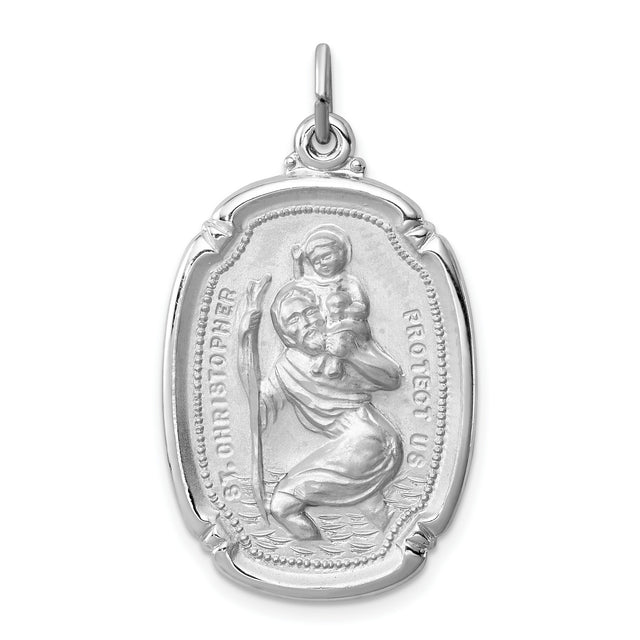 Saint Christopher Protect Us Words Tray Shaped Charm Pendant in Real 925 Sterling Silver