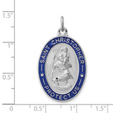 Blue Oval Border Saint Christopher Protect Us Words Charm Pendant in Real 925 Sterling Silver