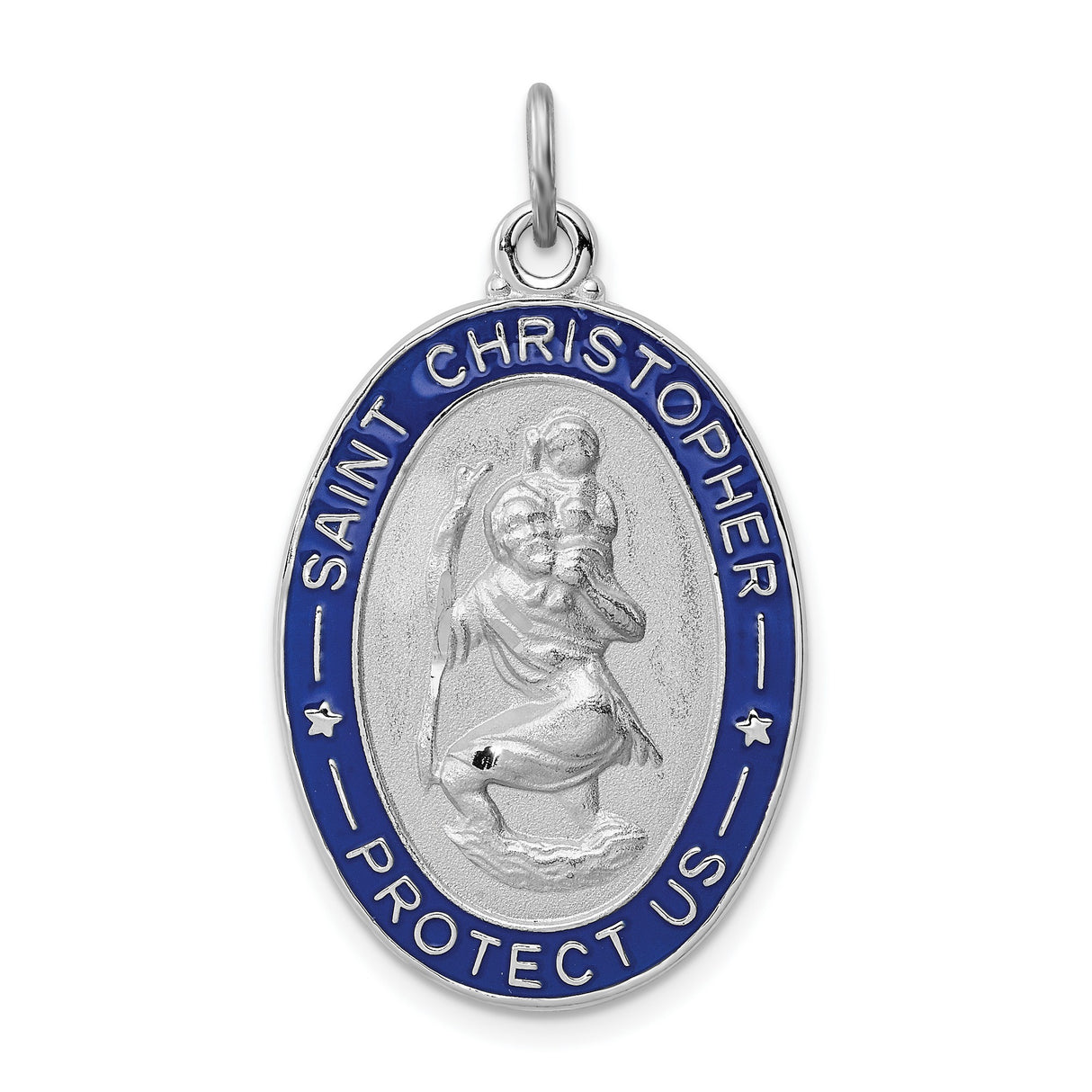 Blue Oval Border Saint Christopher Protect Us Words Charm Pendant in Real 925 Sterling Silver