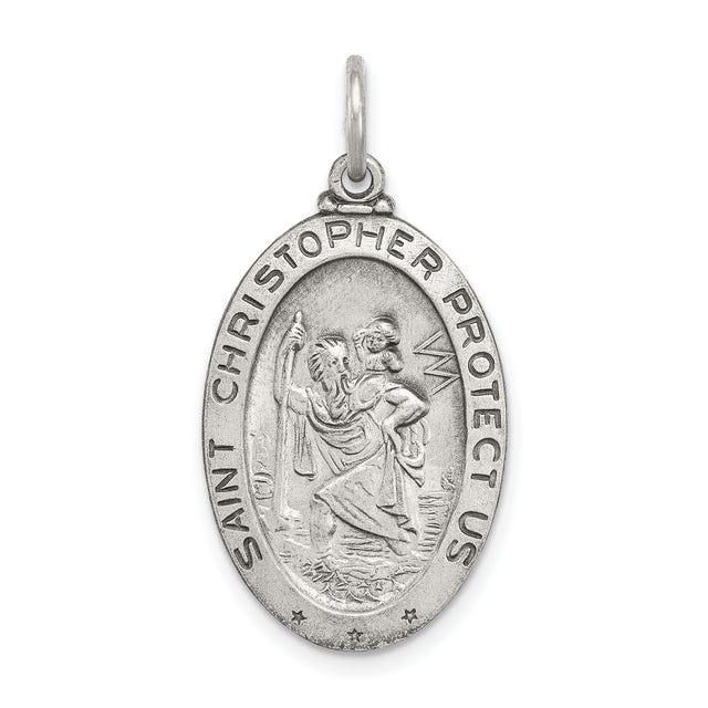 Saint Christopher Protect Us Words and Hockey Player Image Oval Charm Pendant in Real 925 Sterling Silver