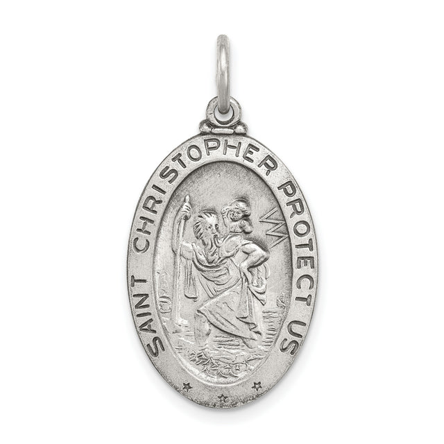 Saint Christopher Protect Us Words and Hockey Player Image on Oval Charm Pendant in Real 925 Sterling Silver