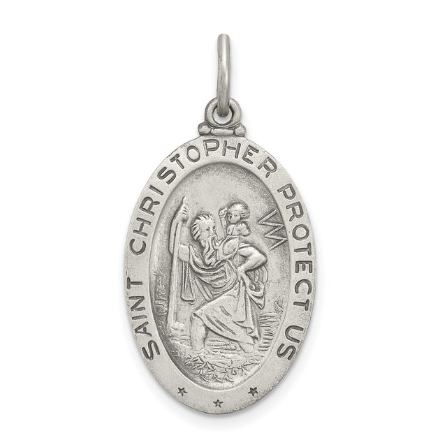 Saint Christopher Protect Us Words and Soccer Player Image Oval Charm Pendant in Real 925 Sterling Silver