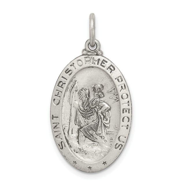 Saint Christopher Protect Us Words and Football Player Image Oval Charm Pendant in Real 925 Sterling Silver