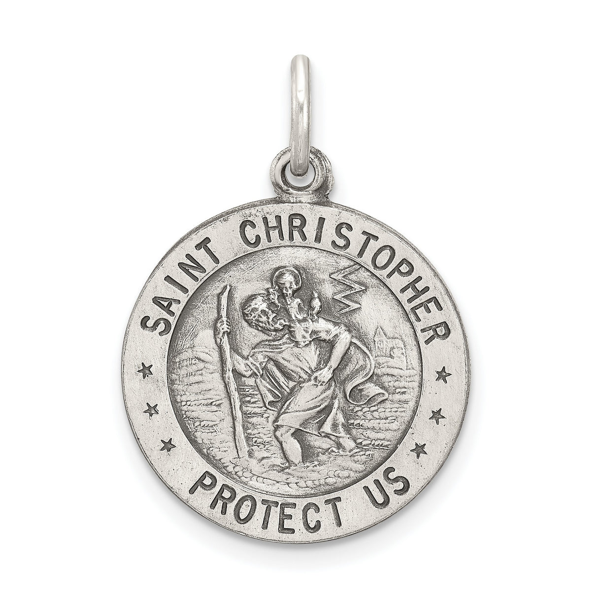 Saint Christopher Protect Us Words and Baseball Player Image Round Charm Pendant in Real 925 Sterling Silver