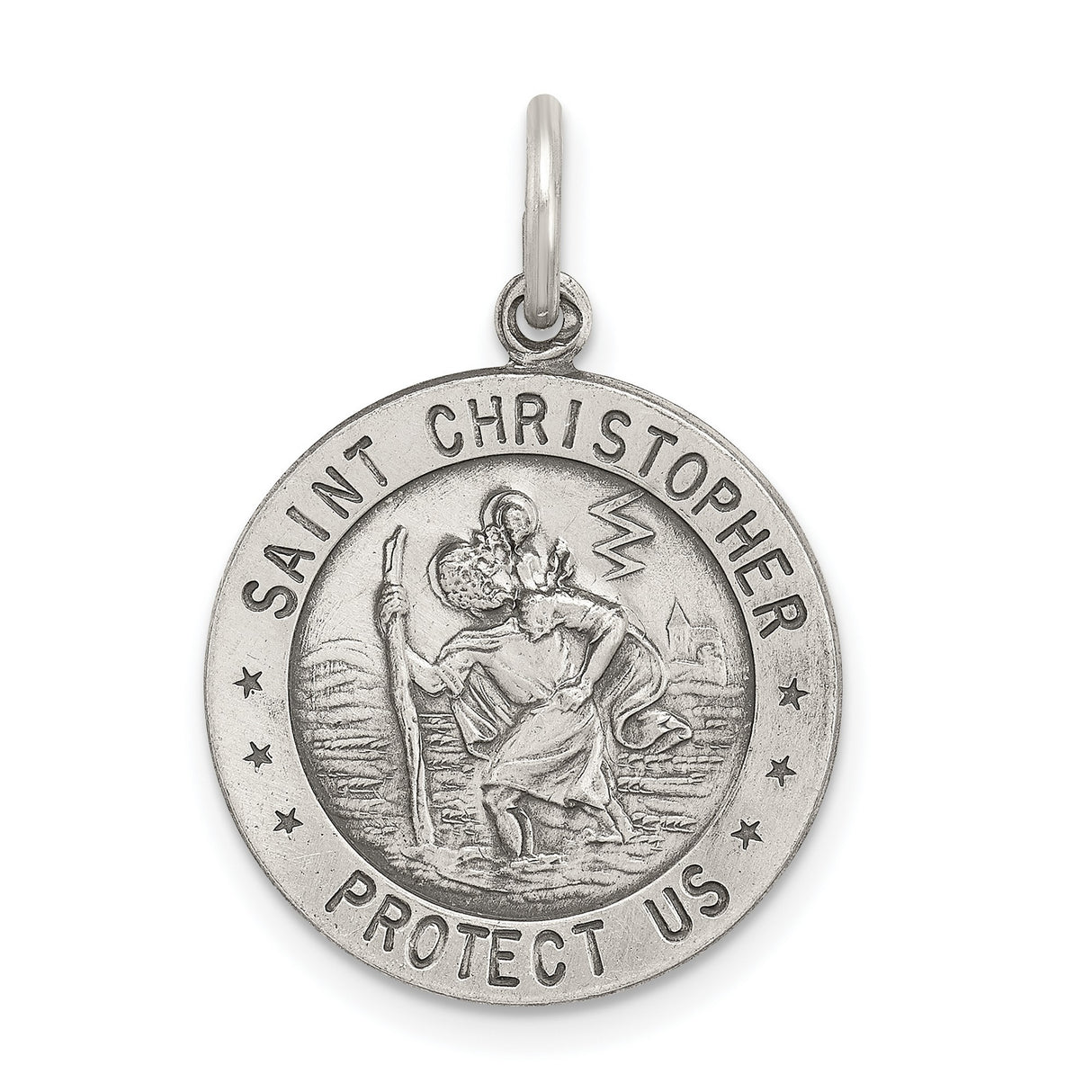 Saint Christopher Protect Us Words and Soccer Player Image Round Charm Pendant in Real 925 Sterling Silver