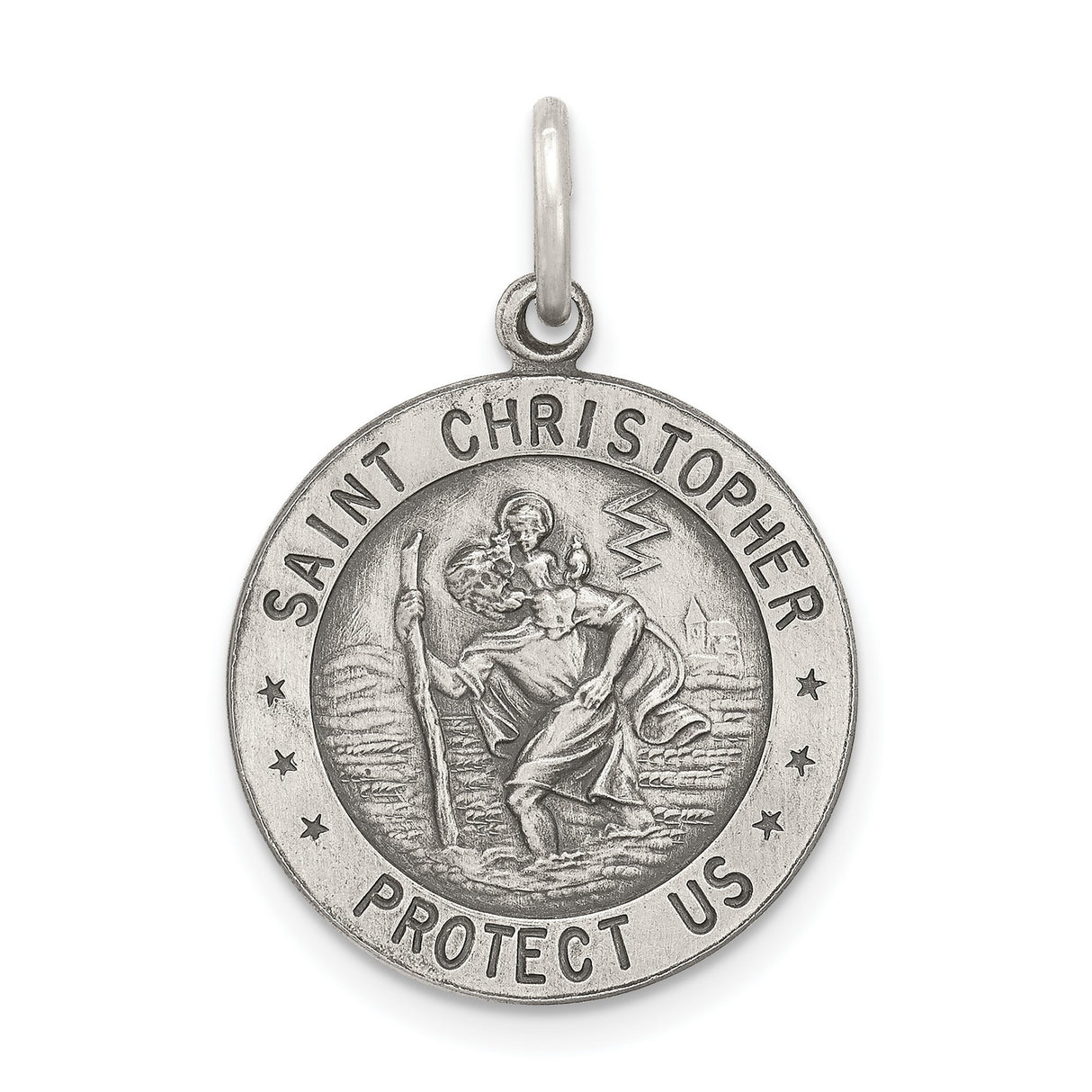 Saint Christopher Protect Us Words and Football Player Image Round Charm Pendant in Real 925 Sterling Silver