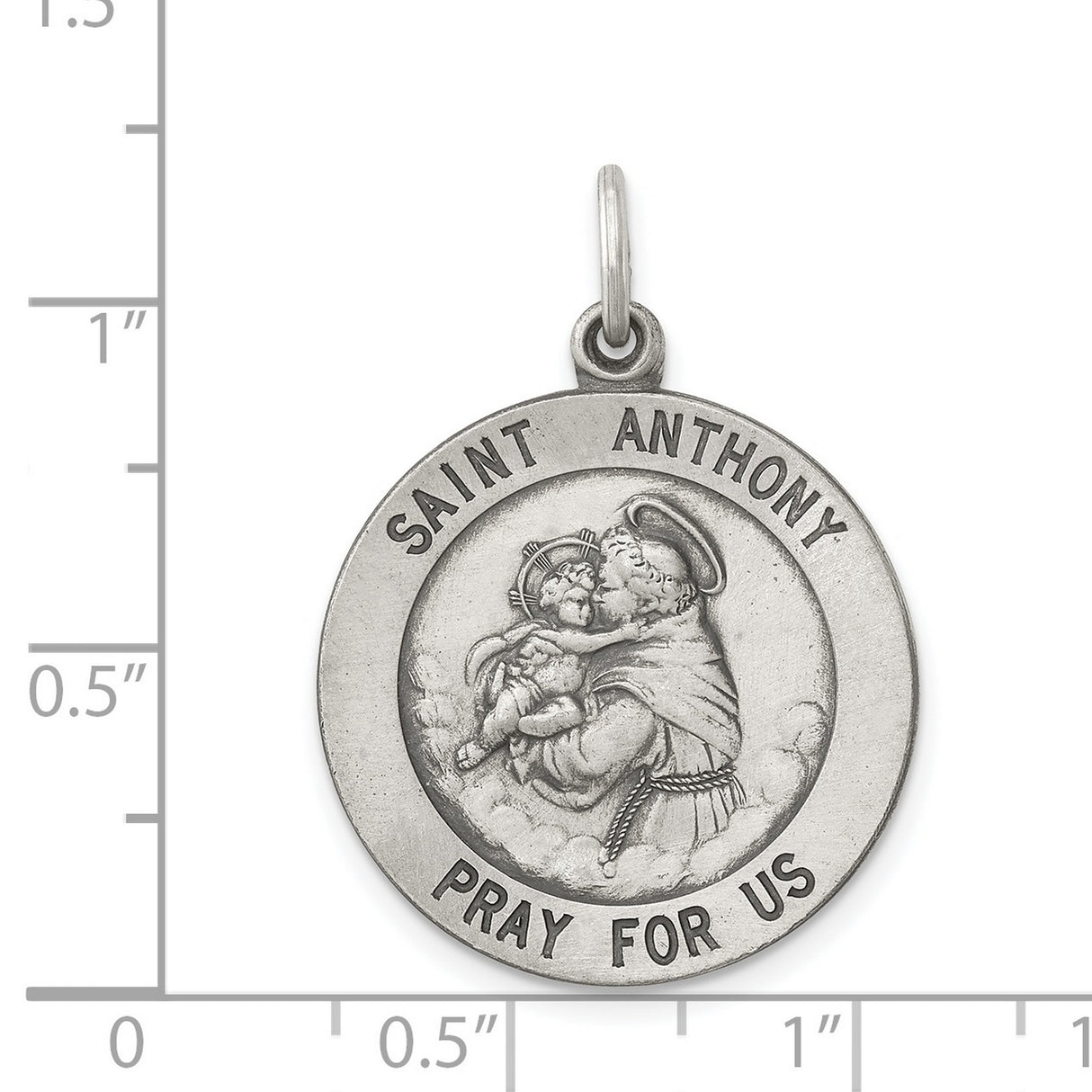 Antiqued Saint Anthony Pray For Us Words Round Charm Pendant in Real 925 Sterling Silver