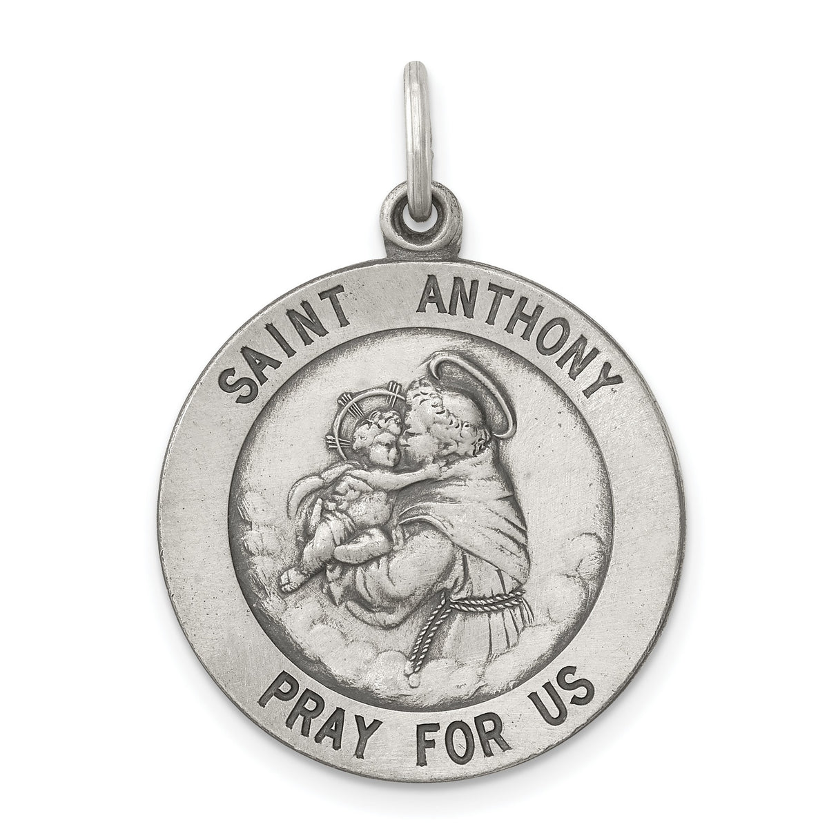 Antiqued Saint Anthony Pray For Us Words Round Charm Pendant in Real 925 Sterling Silver
