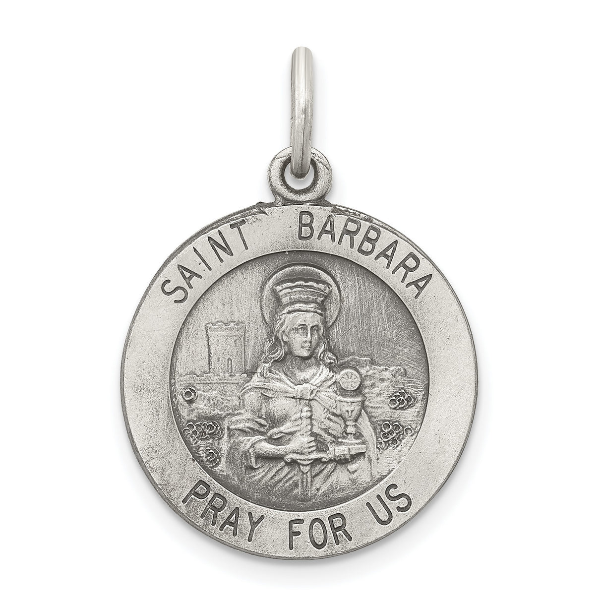 Saint Barbara Pray For Us Words Charm Pendant in Real 925 Sterling Silver