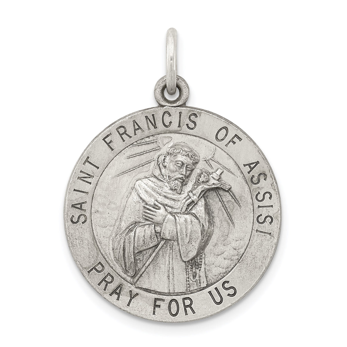 Sterling Silver Saint Francis of Assisi Pendant with Cross and Inscription