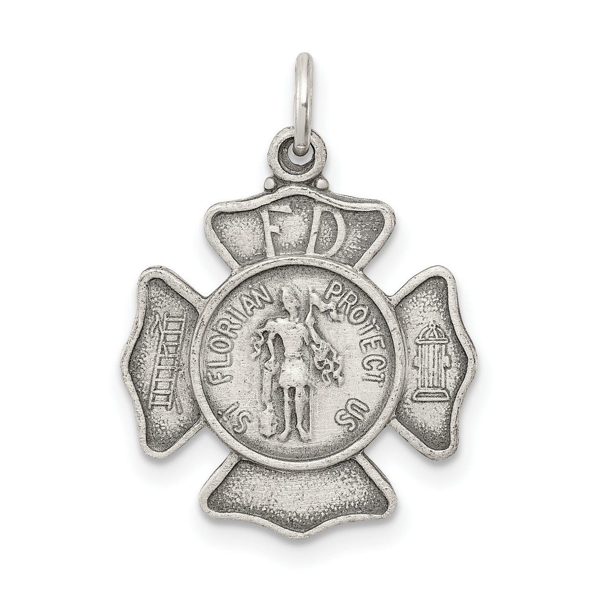 Saint Florian Protect Us Words Firefighter Badge Charm Pendant in Real 925 Sterling Silver