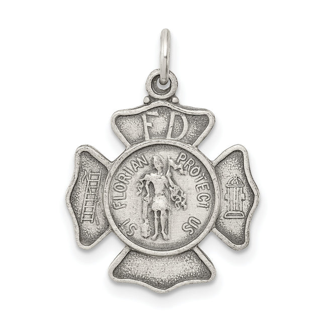 Saint Florian Protect Us Words Firefighter Badge Charm Pendant in Real 925 Sterling Silver