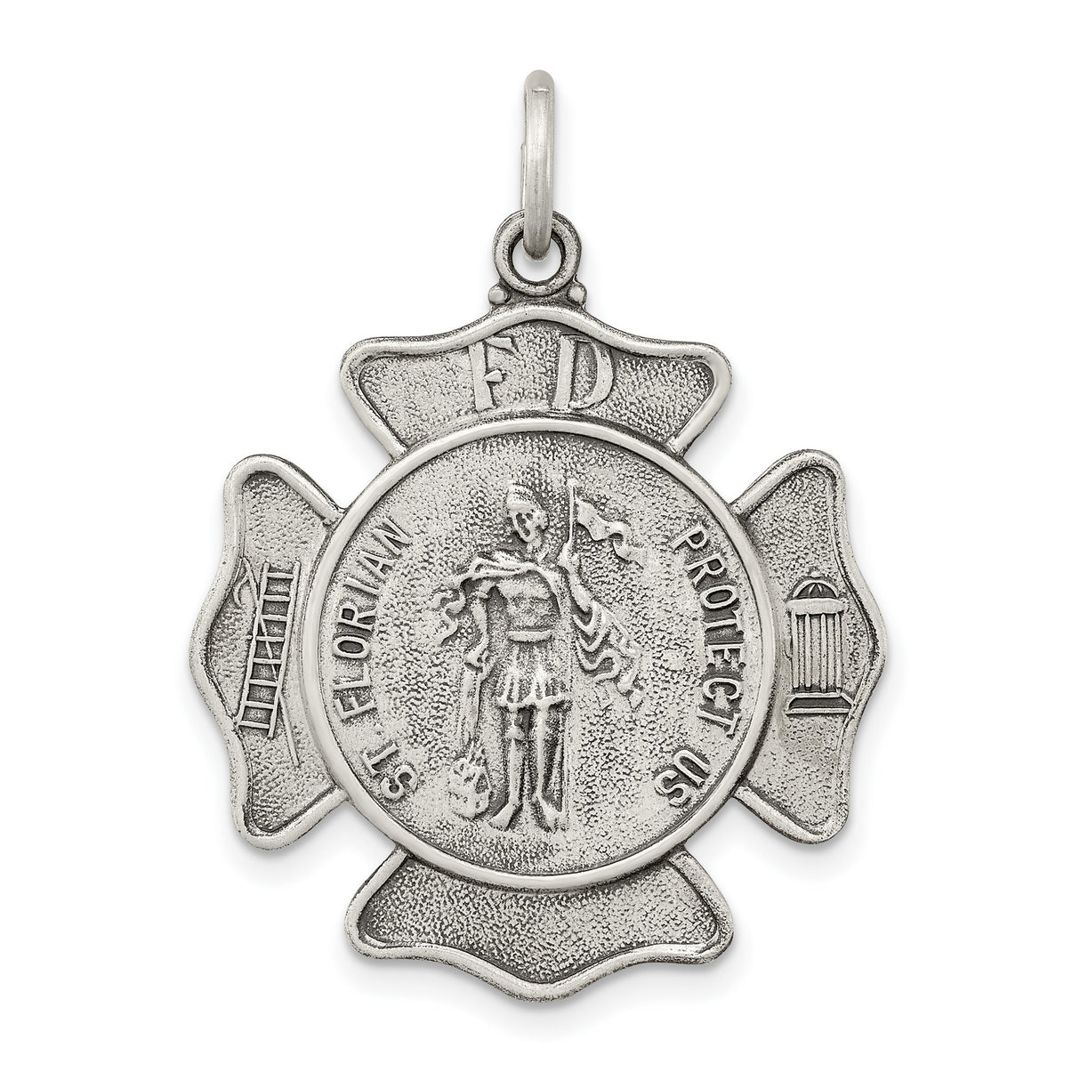 Protect Us Words Saint Florian Firefighter Badge Charm Pendant in Real 925 Sterling Silver