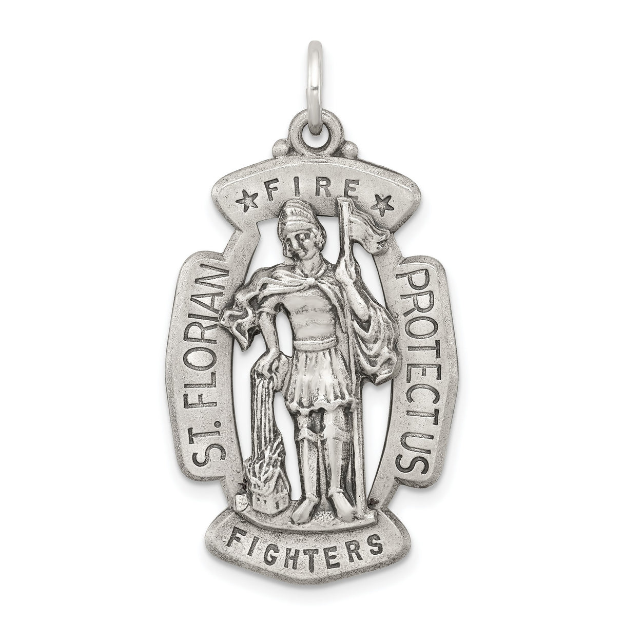 Saint Florian Protect Us Fire Fighters Words Charm Pendant in Real 925 Sterling Silver