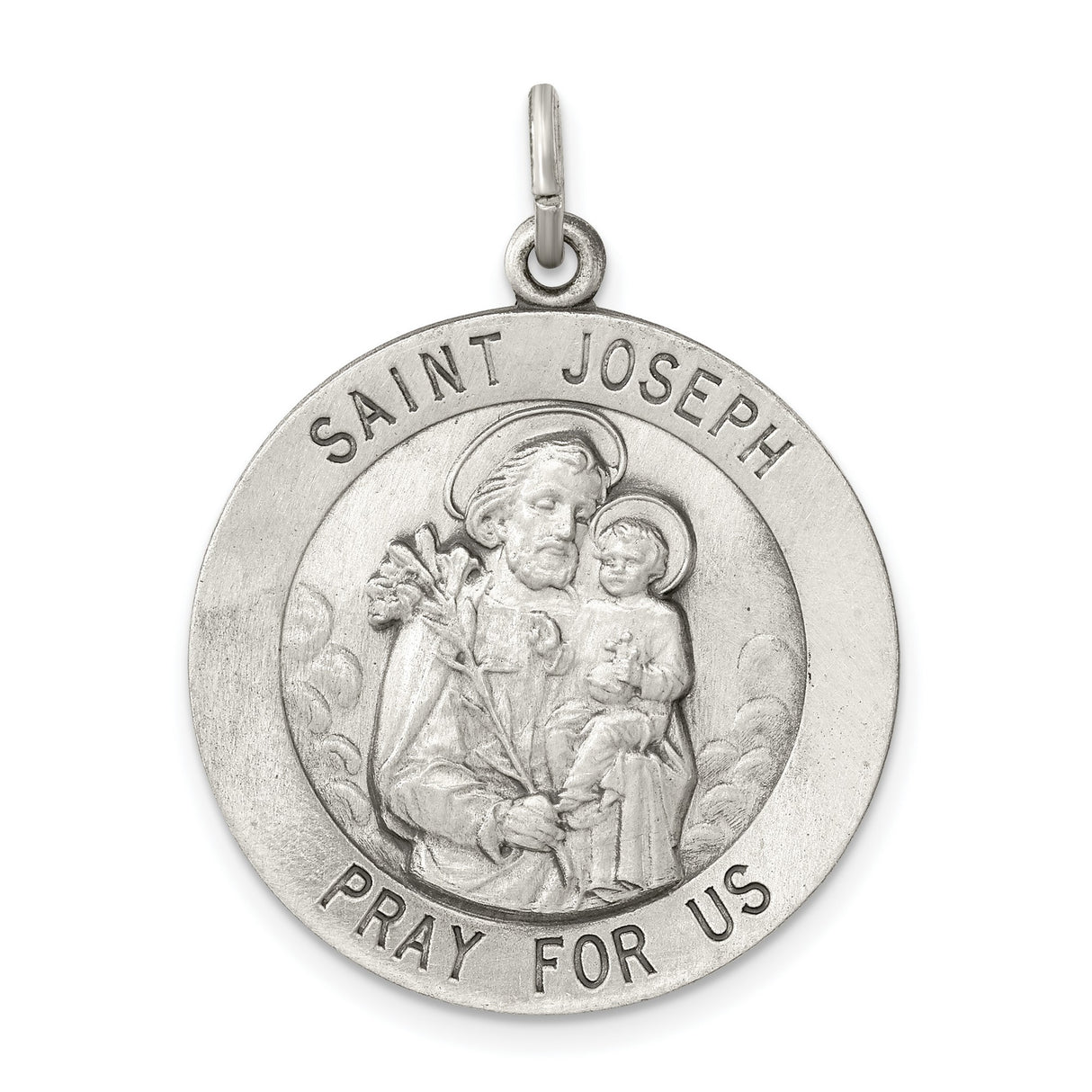 Saint Joseph Pray For Us Words Round Charm Pendant in Real 925 Sterling Silver