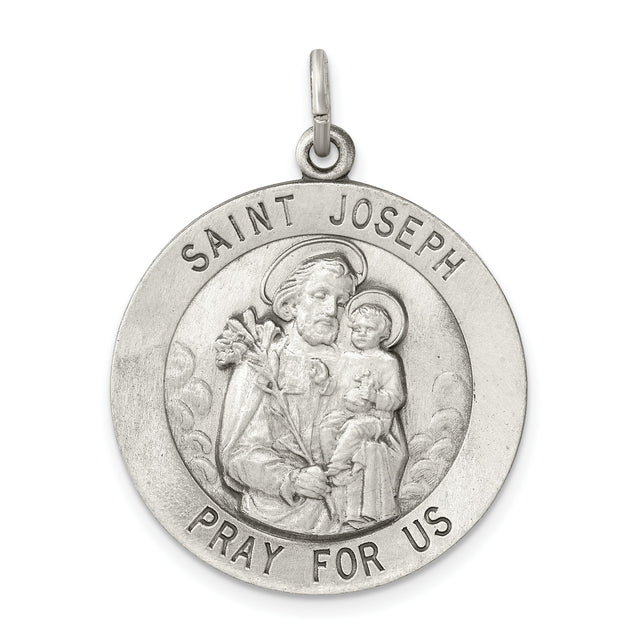 Saint Joseph Pray For Us Words Round Charm Pendant in Real 925 Sterling Silver