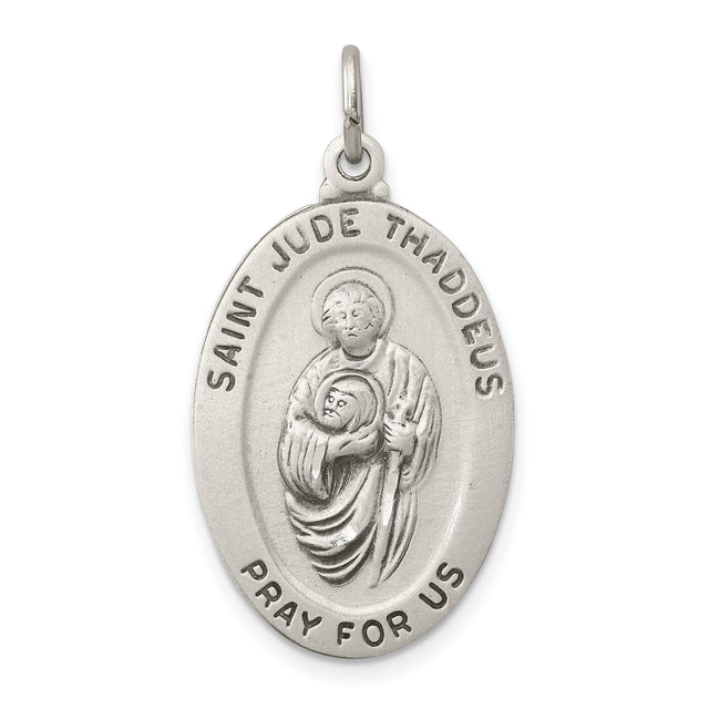 Satin Finish Saint Jude Thaddeus Pray For Us Words Oval Charm Pendant in Real 925 Sterling Silver