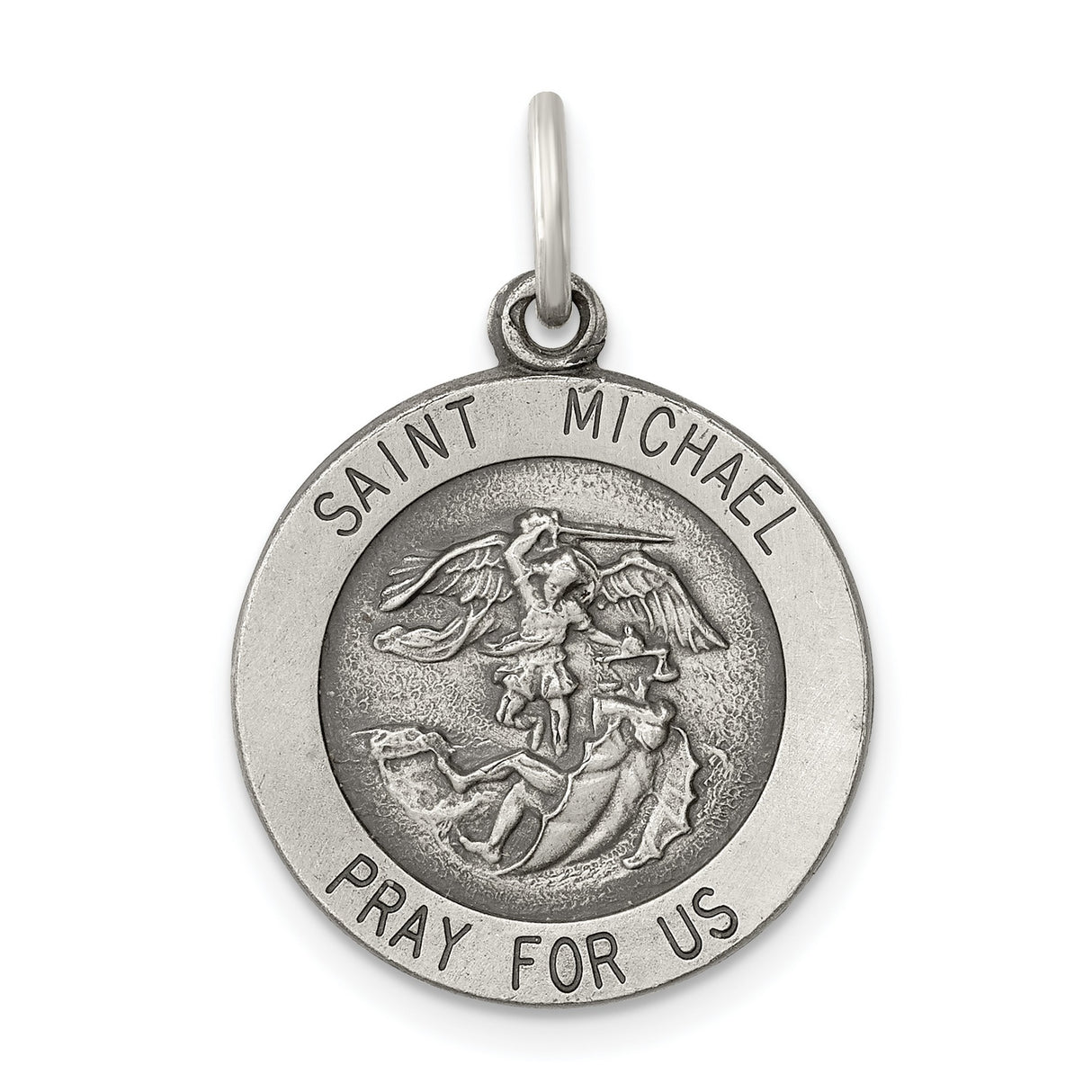 Saint Michael Pray For Us Words Round Medal Charm Pendant in Real 925 Sterling Silver