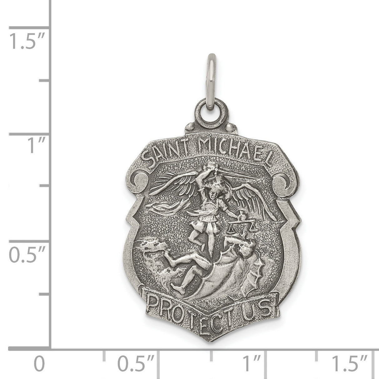 Solid Saint Michael Protect Us Words Badge Charm Pendant in Real 925 Sterling Silver