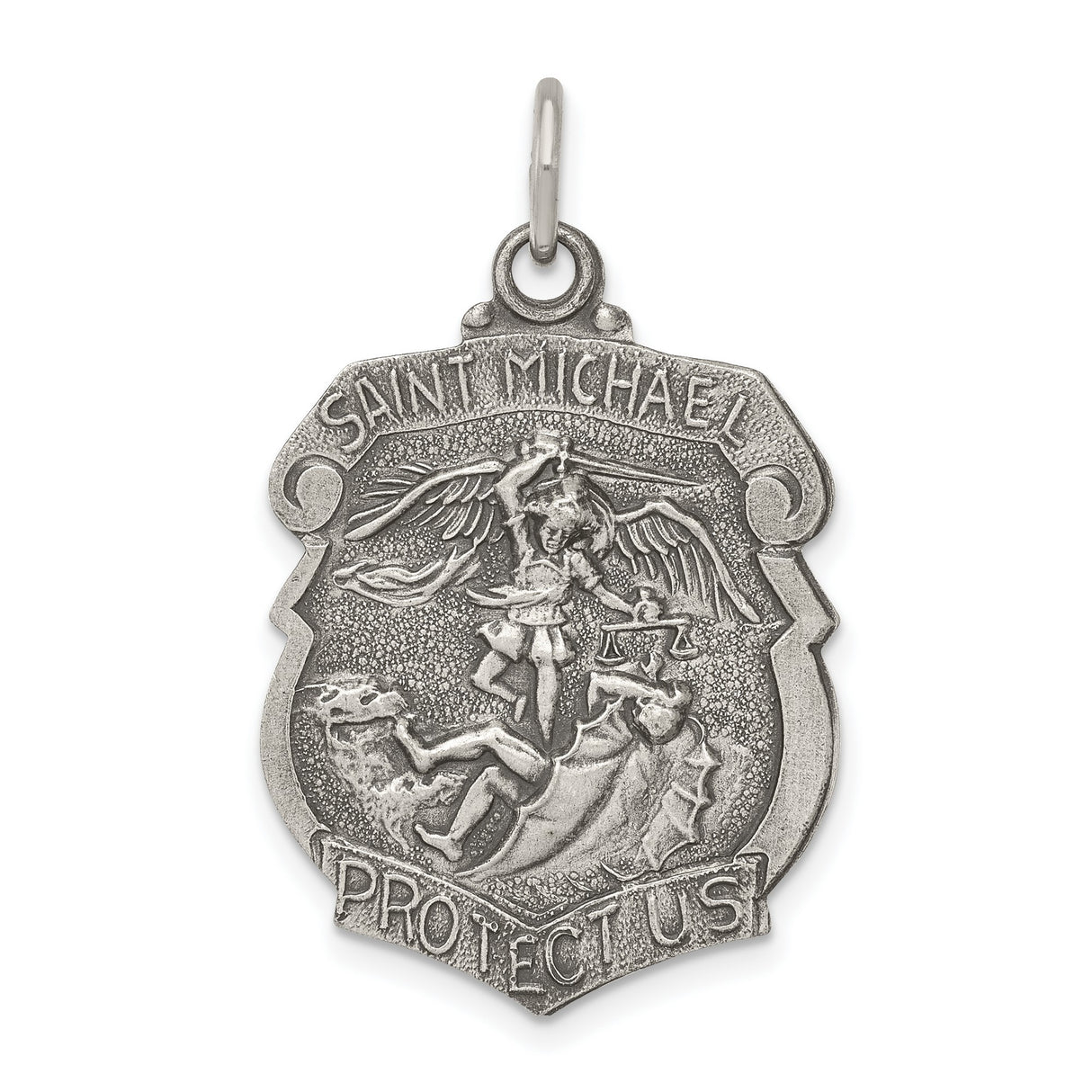 Solid Saint Michael Protect Us Words Badge Charm Pendant in Real 925 Sterling Silver