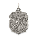 Solid Saint Michael Protect Us Words Badge Charm Pendant in Real 925 Sterling Silver