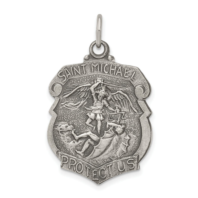 Solid Saint Michael Protect Us Words Badge Charm Pendant in Real 925 Sterling Silver