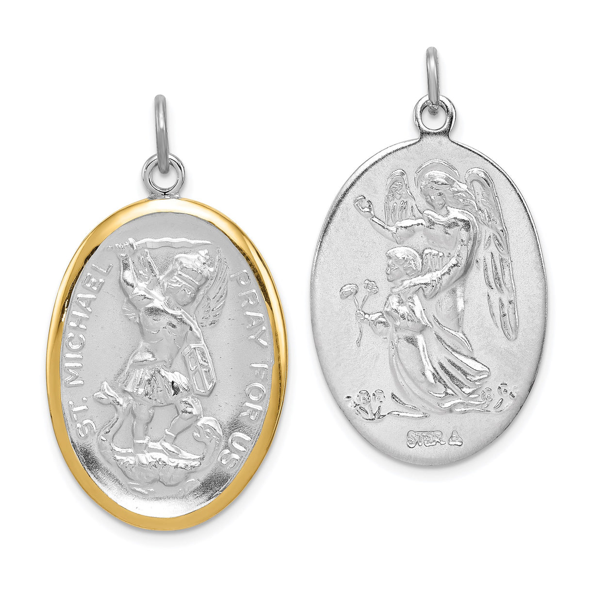 Sterling Silver St Michael Oval Pendant with Gold Border, Archangel Medal and Pray for Us Engraving
