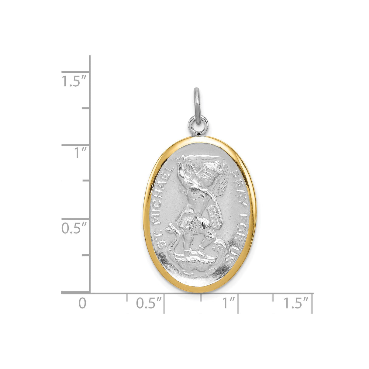 Sterling Silver St Michael Oval Pendant with Gold Border, Archangel Medal and Pray for Us Engraving