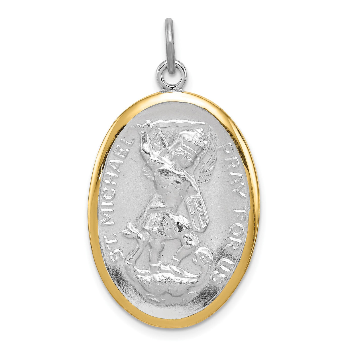 Sterling Silver St Michael Oval Pendant with Gold Border, Archangel Medal and Pray for Us Engraving