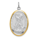 Sterling Silver St Michael Oval Pendant with Gold Border, Archangel Medal and Pray for Us Engraving