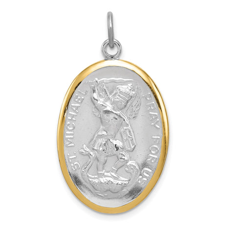 Sterling Silver St Michael Oval Pendant with Gold Border, Archangel Medal and Pray for Us Engraving
