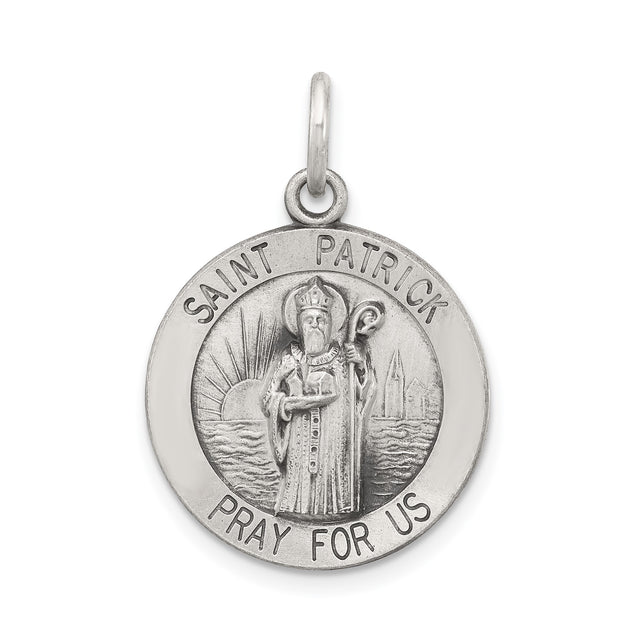 Sterling Silver Saint Patrick Medal Pendant with Pray For Us Engraving, Christian Religious Charm