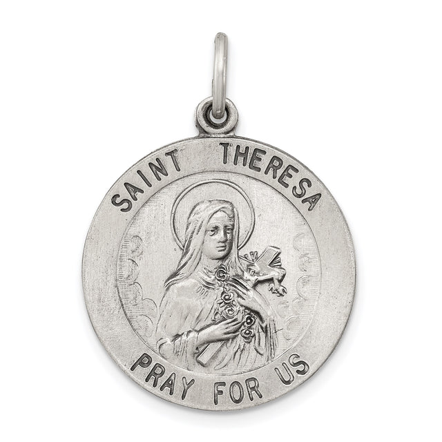 Sterling Silver Saint Theresa Medal Pendant with Roses for Women