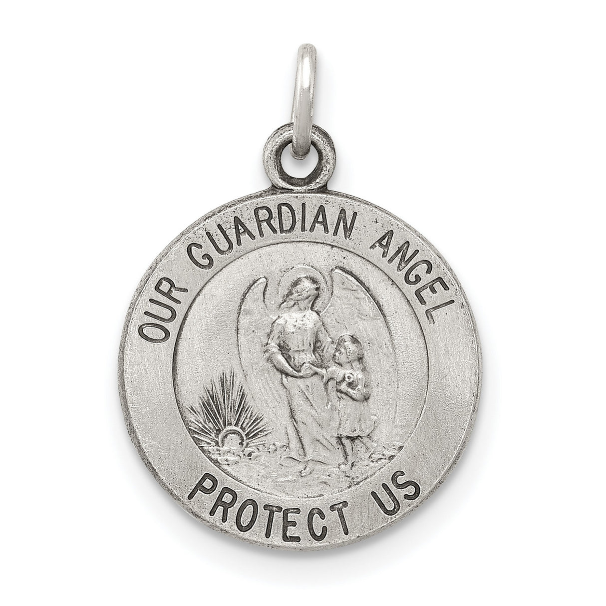 Antiqued Guardian Angel Medal Charm Pendant in Real 925 Sterling Silver