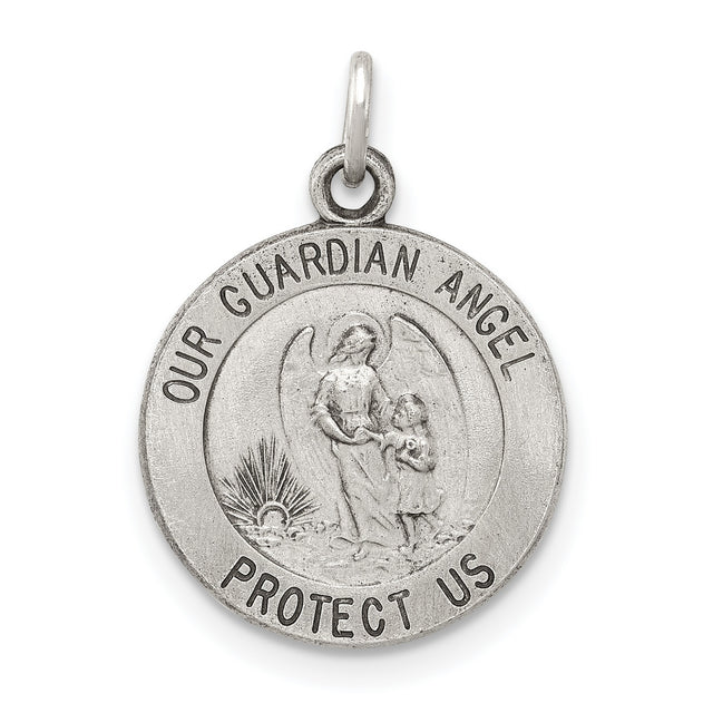 Antiqued Guardian Angel Medal Charm Pendant in Real 925 Sterling Silver