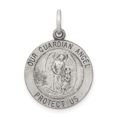 Antiqued Guardian Angel Medal Charm Pendant in Real 925 Sterling Silver