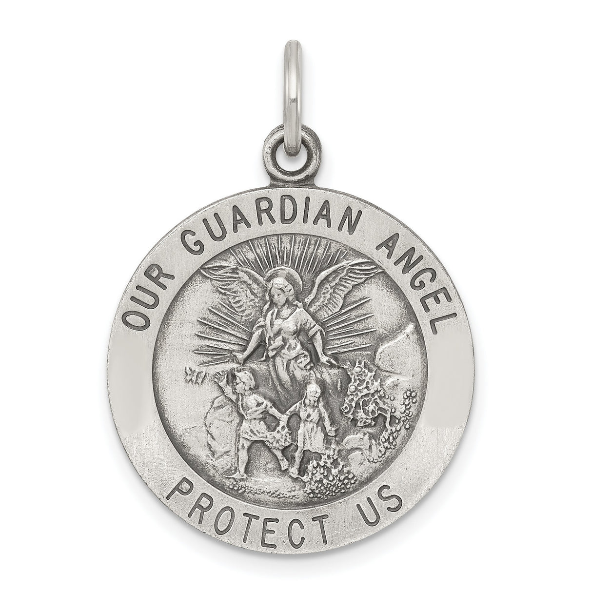 Antiqued Guardian Angel Medal Charm Pendant in Real 925 Sterling Silver