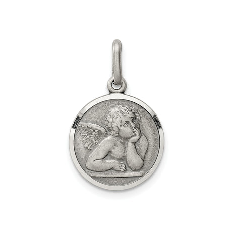 Sterling Silver Angel Pendant with Cherub Design, Religious Medal Charm