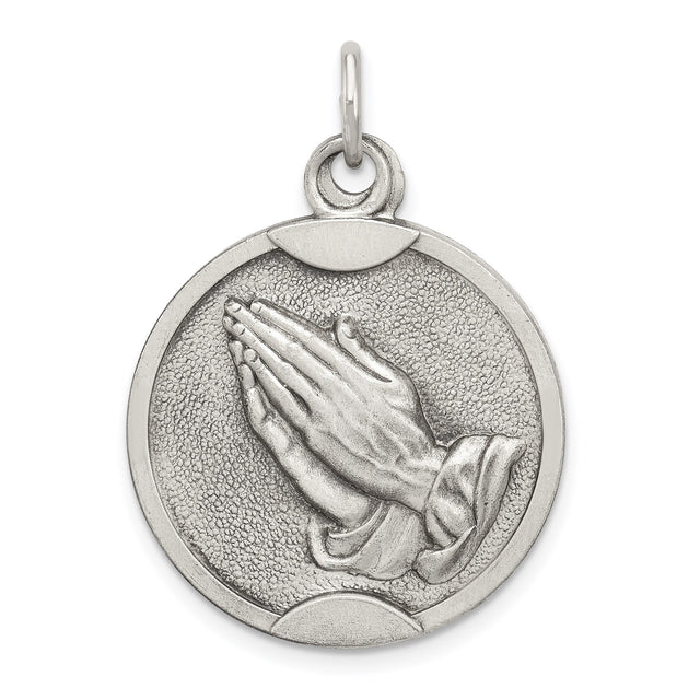 Sterling Silver Praying Hands Pendant, Raised Religious Design, Christian Symbol for Faith and Devotion